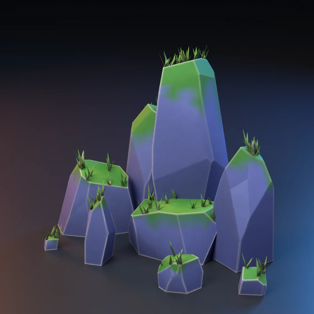 Modelo 3D estilo anime: Kit de rochas com musgo